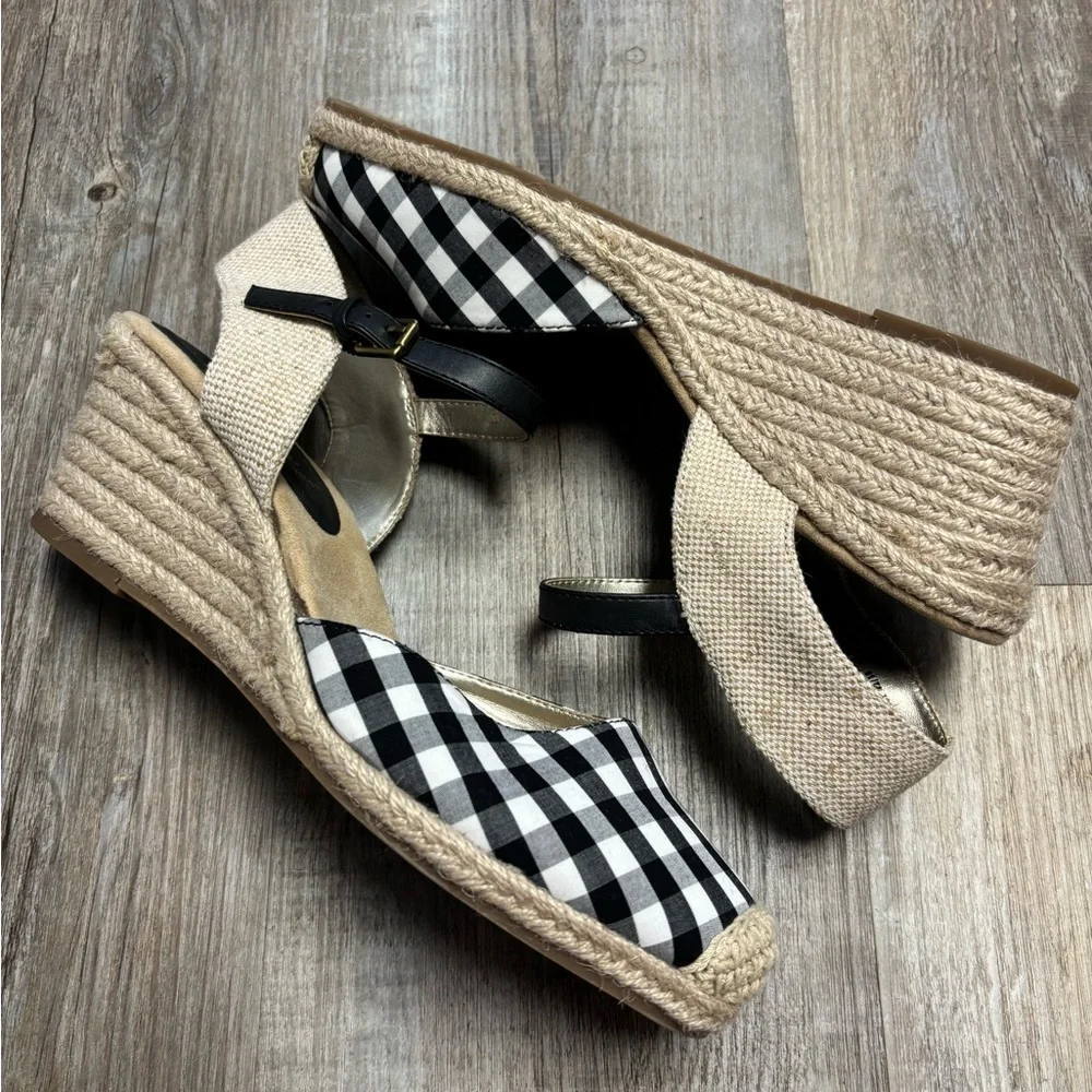 Anne Klein Ardine Gingham Pattern Espadrille Wedge Sandals